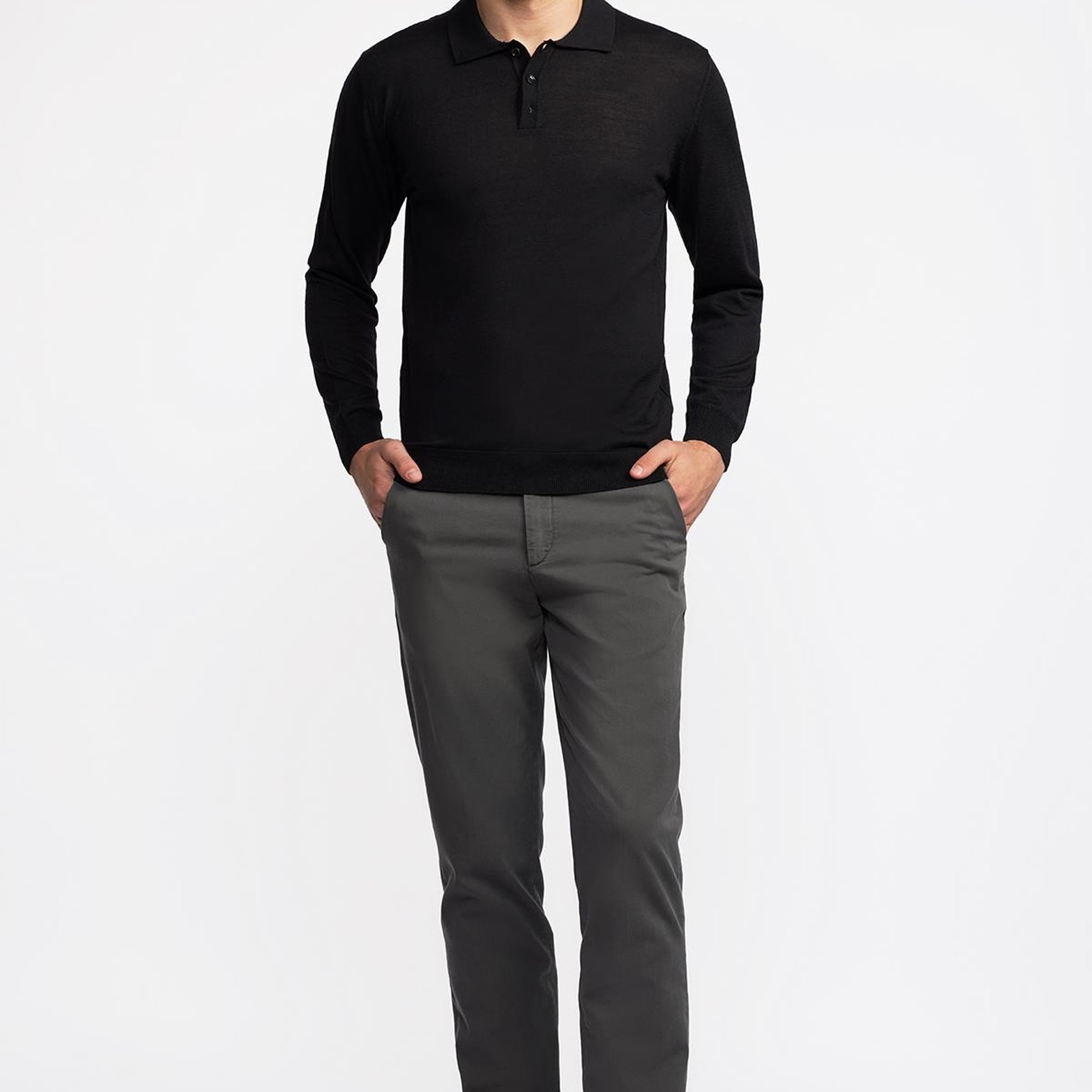 Erkek Siyah Yün Polo Yaka Kazak