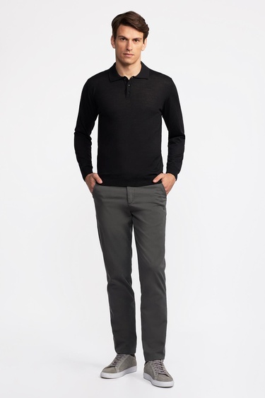  Erkek Siyah Yün Polo Yaka Kazak