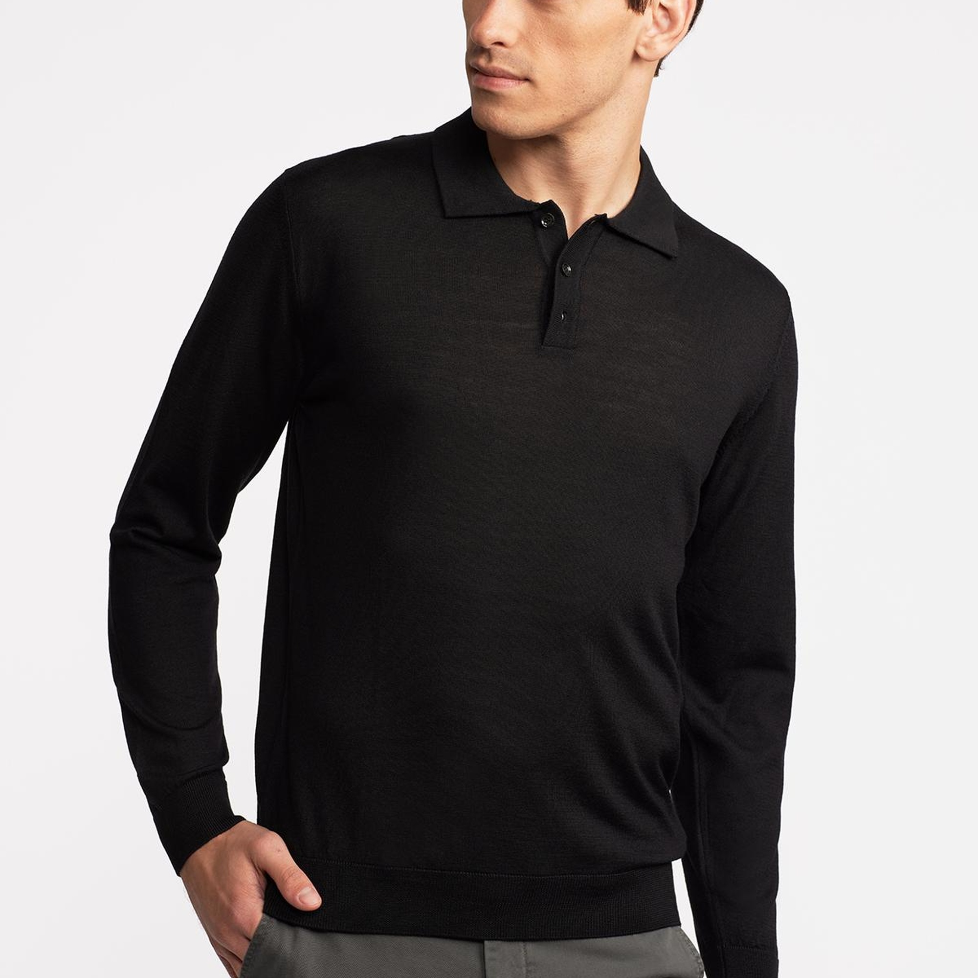 Erkek Siyah Yün Polo Yaka Kazak