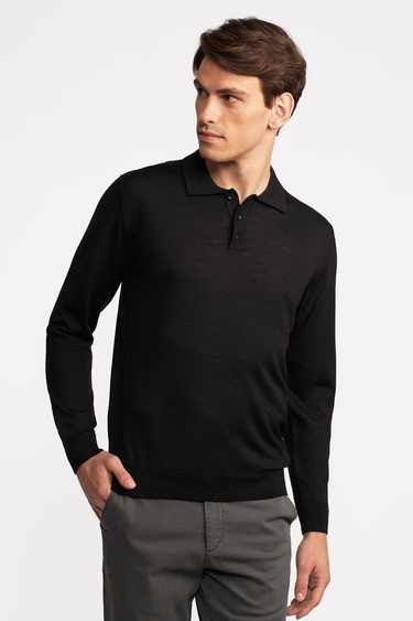  Erkek Siyah Yün Polo Yaka Kazak