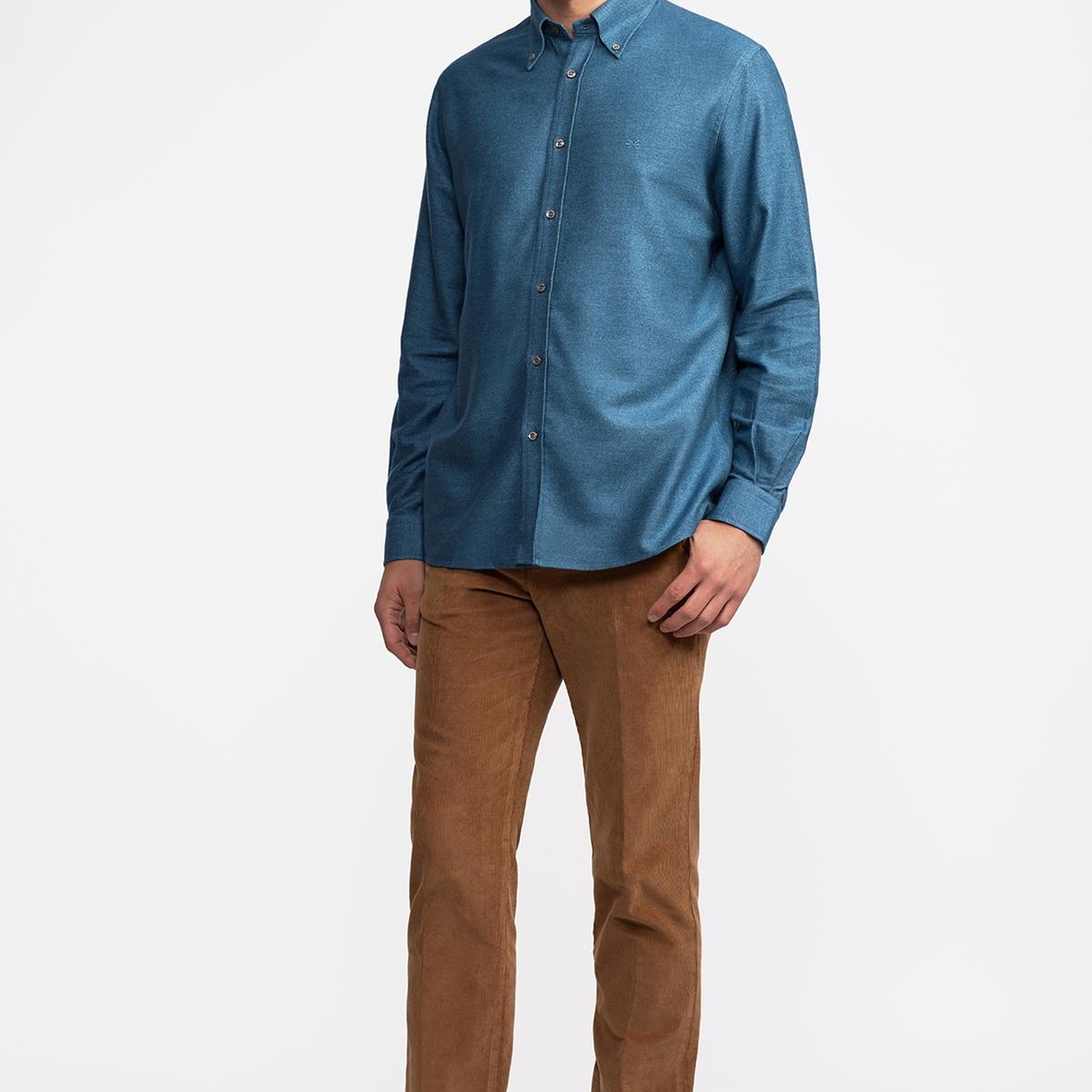 Erkek İndigo Cooper Fit Düğmeli Yaka Flannel Gömlek