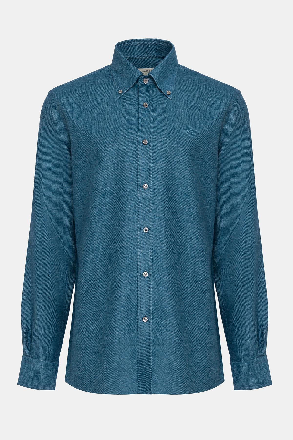  Erkek İndigo Cooper Fit Düğmeli Yaka Flannel Gömlek