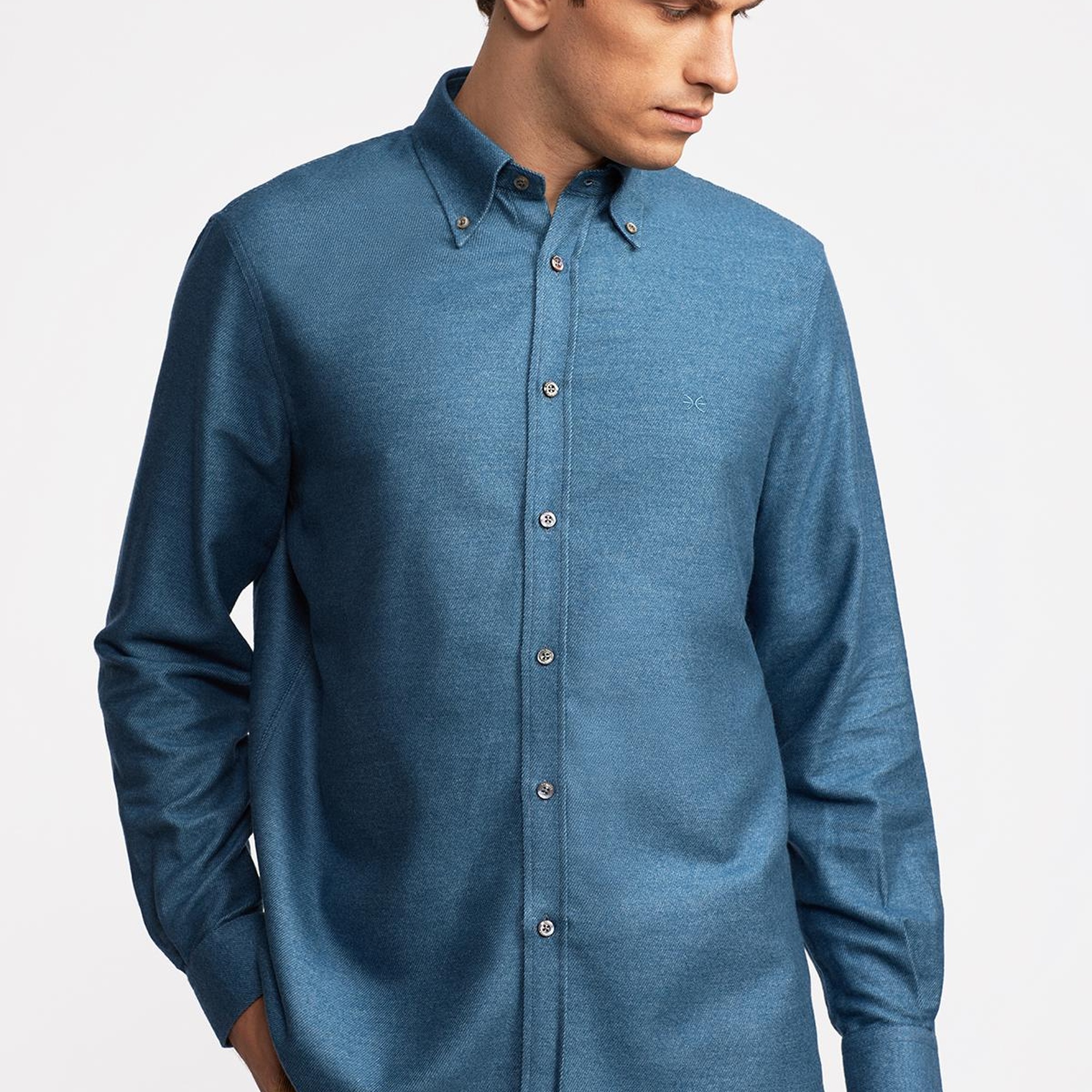 Erkek İndigo Cooper Fit Düğmeli Yaka Flannel Gömlek