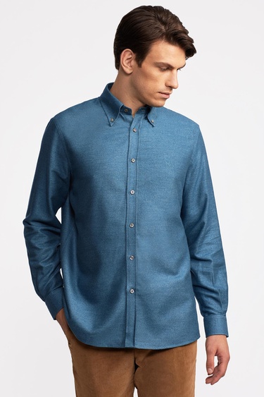  Erkek İndigo Cooper Fit Düğmeli Yaka Flannel Gömlek