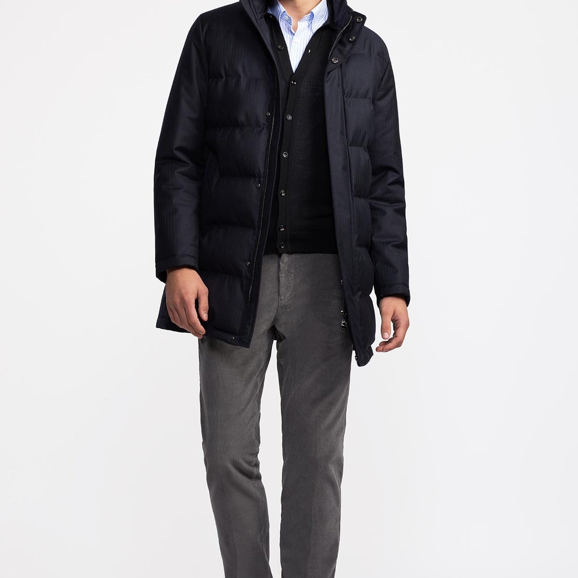 Erkek Lacivert Yün Yakası Çıkartılabilir Kürklü Su Geçirmez Kaban