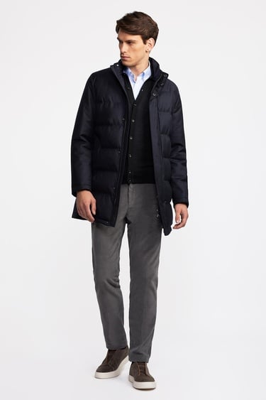  Erkek Lacivert Yün Yakası Çıkartılabilir Kürklü Su Geçirmez Kaban