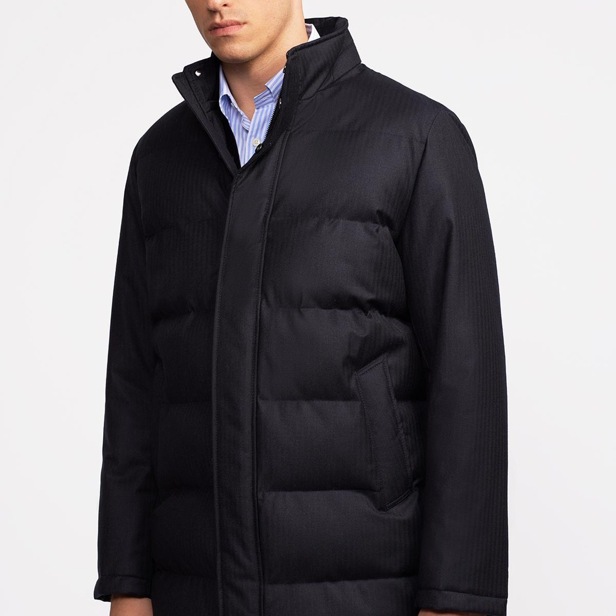 Erkek Lacivert Yün Yakası Çıkartılabilir Kürklü Su Geçirmez Kaban