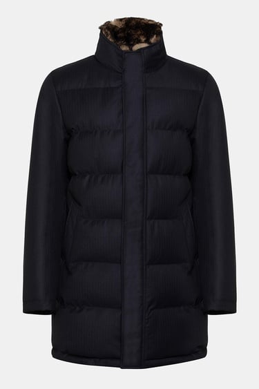  Erkek Lacivert Yün Yakası Çıkartılabilir Kürklü Su Geçirmez Kaban