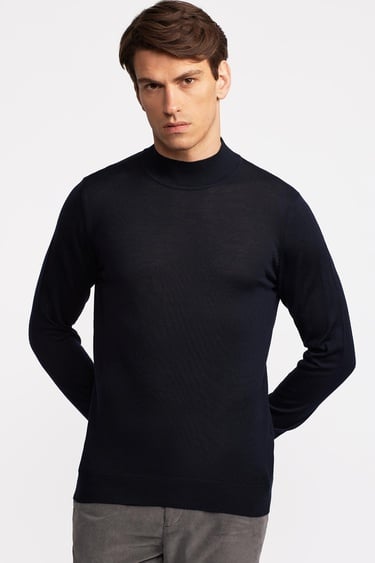  Erkek Lacivert Yün Yarım Balıkçı Yaka Kazak