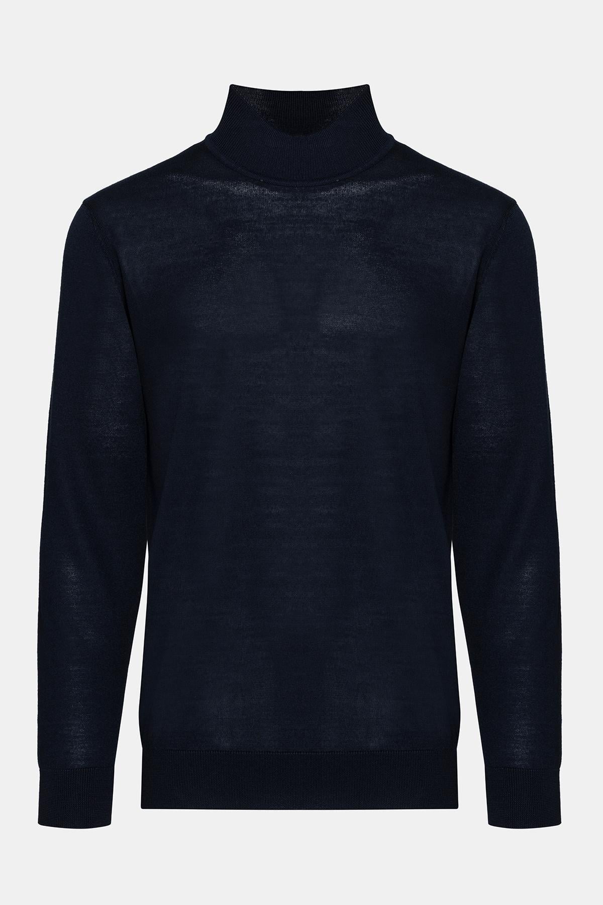  Erkek Lacivert Yün Yarım Balıkçı Yaka Kazak