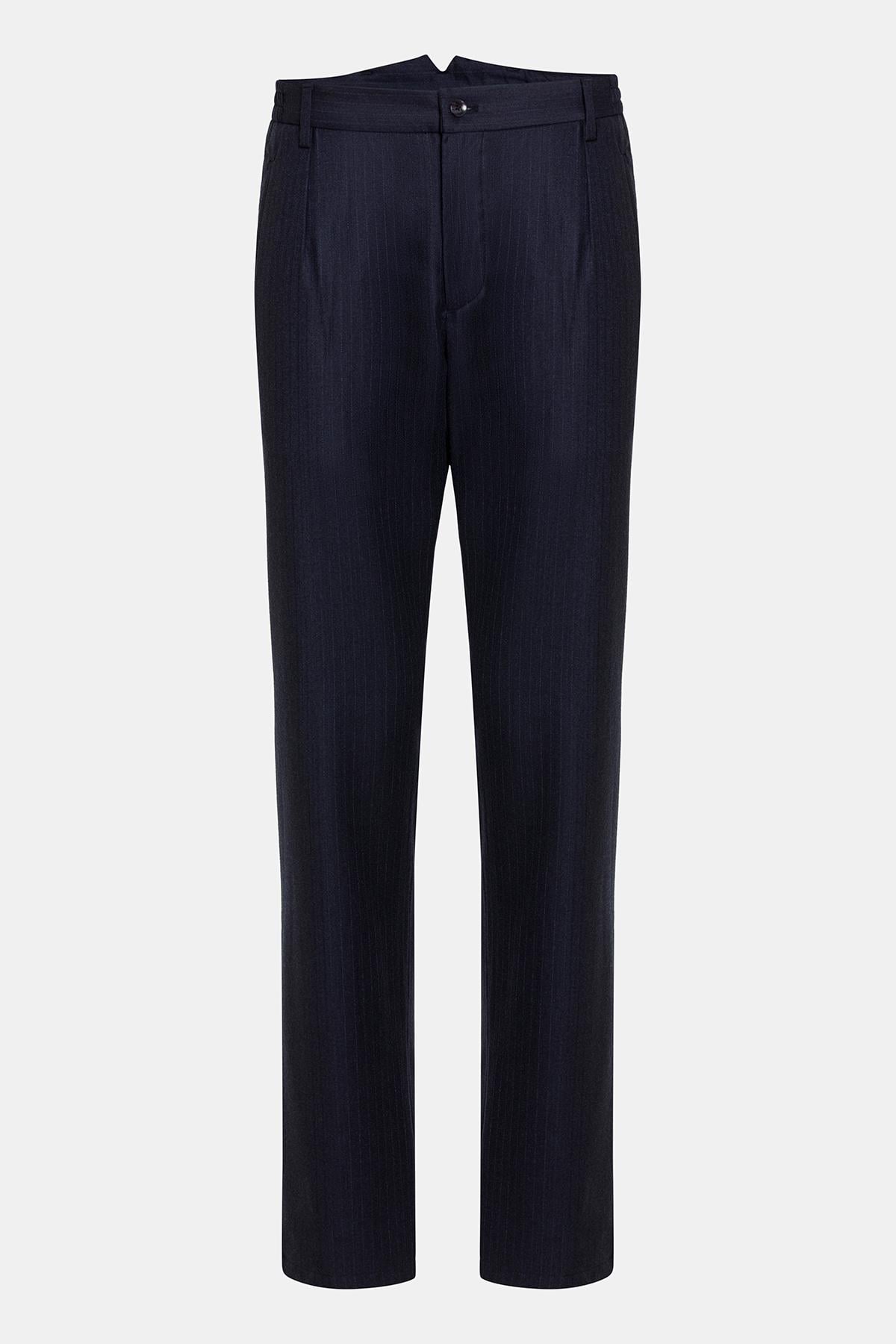  Erkek Lacivert Yün Çizgili Beli Lastikli Del Casentino Pantolon