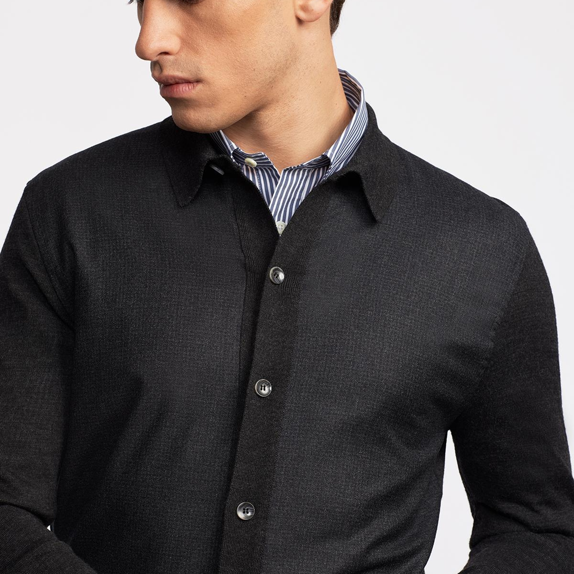 Erkek Antrasit Yün Düğmeli Gömlek Yakalı Kazak