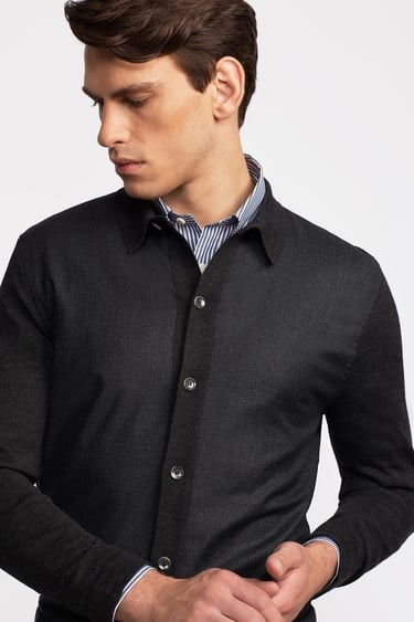  Erkek Antrasit Yün Düğmeli Gömlek Yakalı Kazak