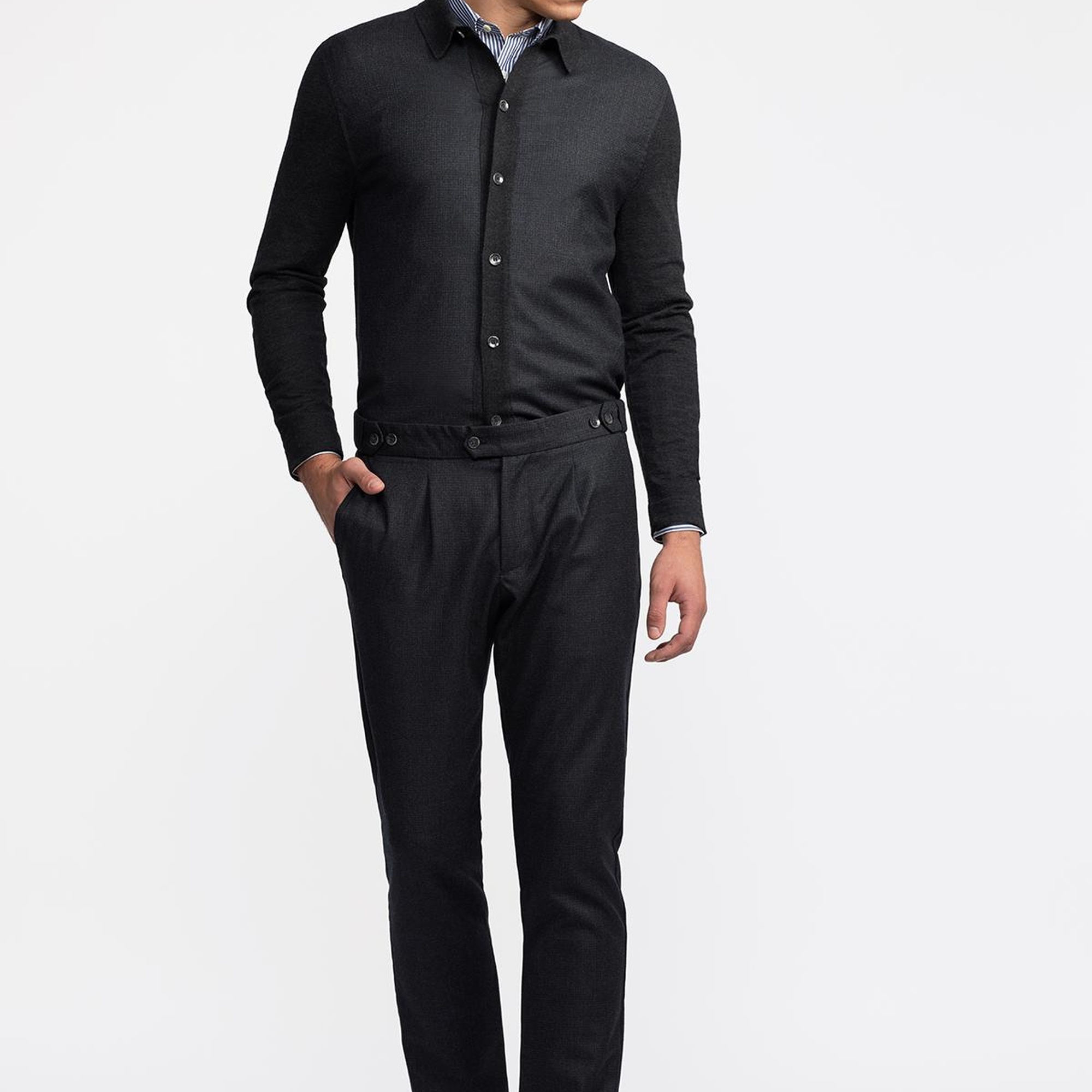 Erkek Antrasit Yün Düğmeli Gömlek Yakalı Kazak