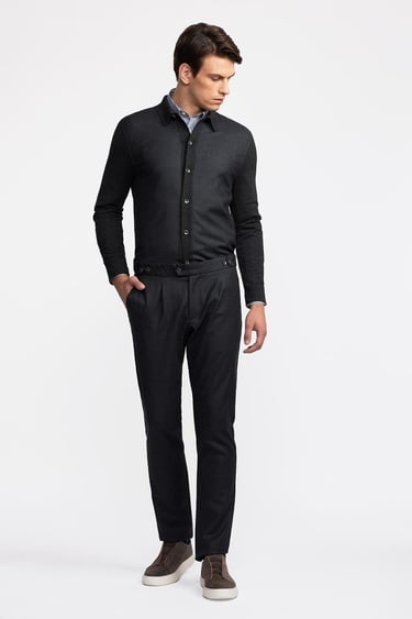  Erkek Antrasit Yün Düğmeli Gömlek Yakalı Kazak