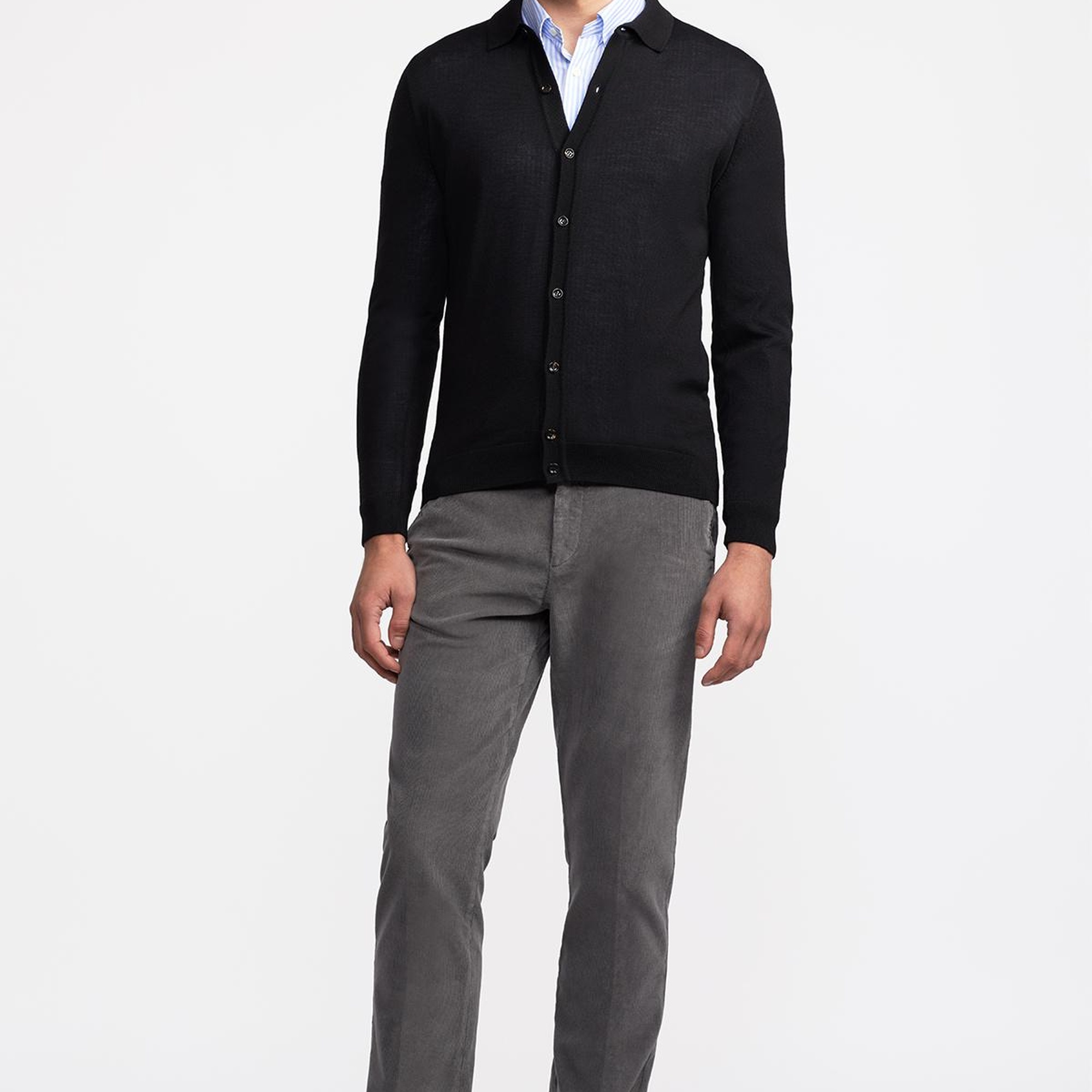 Erkek Siyah Yün Düğmeli Gömlek Yakalı Kazak