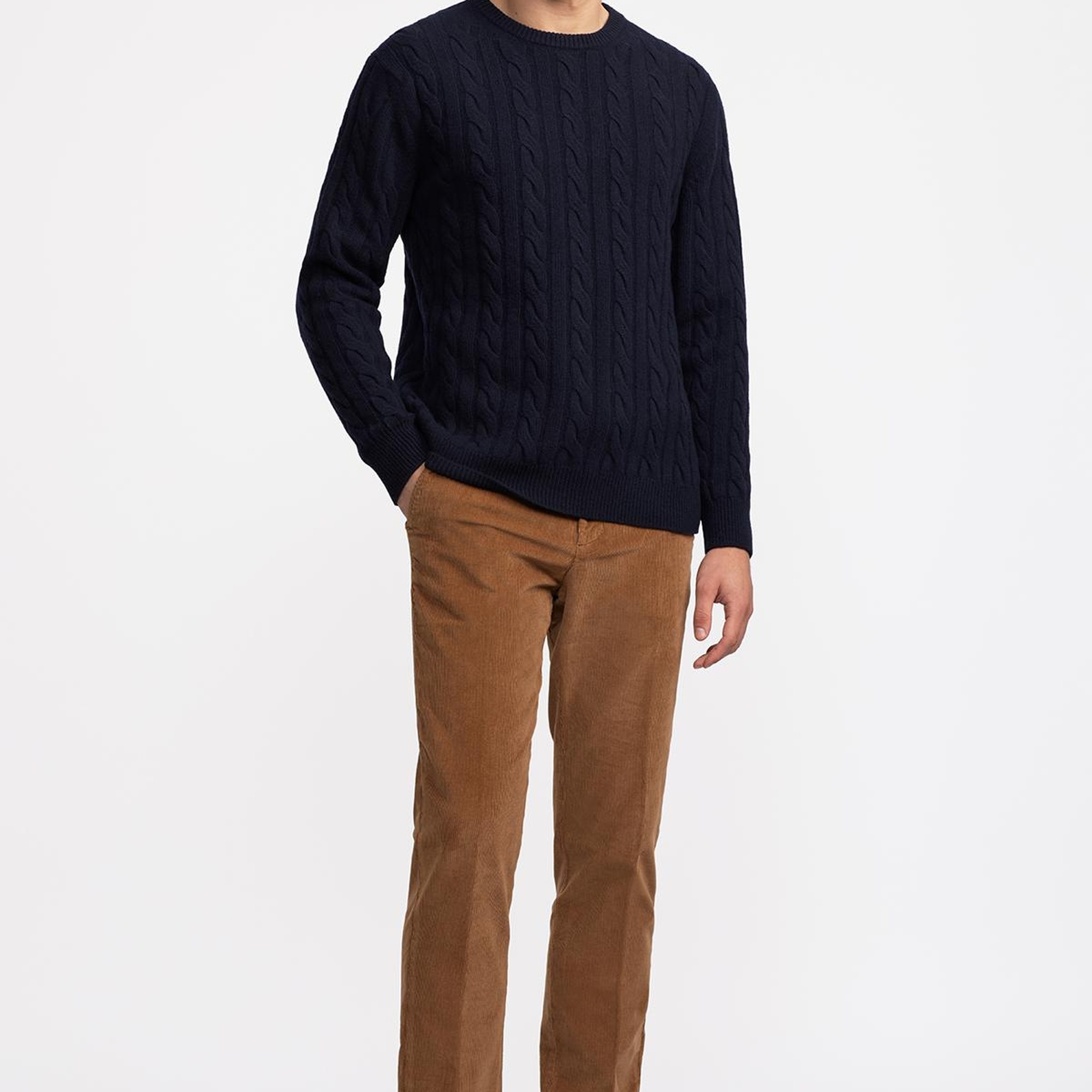 Erkek Lacivert Yün Kaşmir Karışımlı Saç Örgülü Kazak