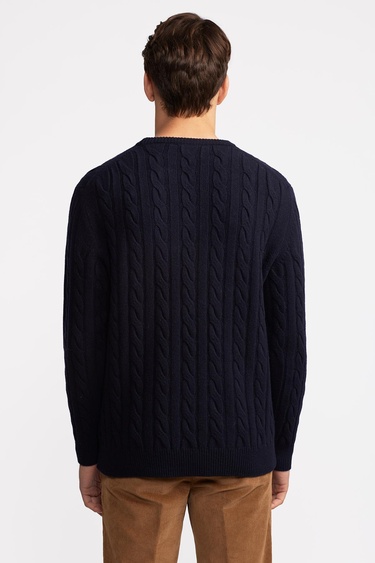  Erkek Lacivert Yün Kaşmir Karışımlı Saç Örgülü Kazak