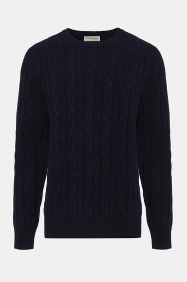  Erkek Lacivert Yün Kaşmir Karışımlı Saç Örgülü Kazak