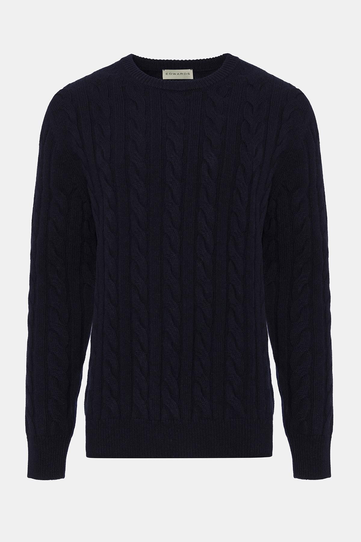  Erkek Lacivert Yün Kaşmir Karışımlı Saç Örgülü Kazak