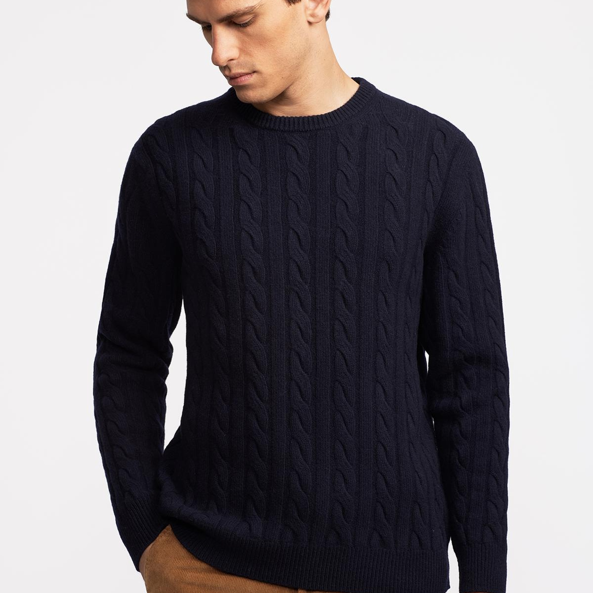 Erkek Lacivert Yün Kaşmir Karışımlı Saç Örgülü Kazak