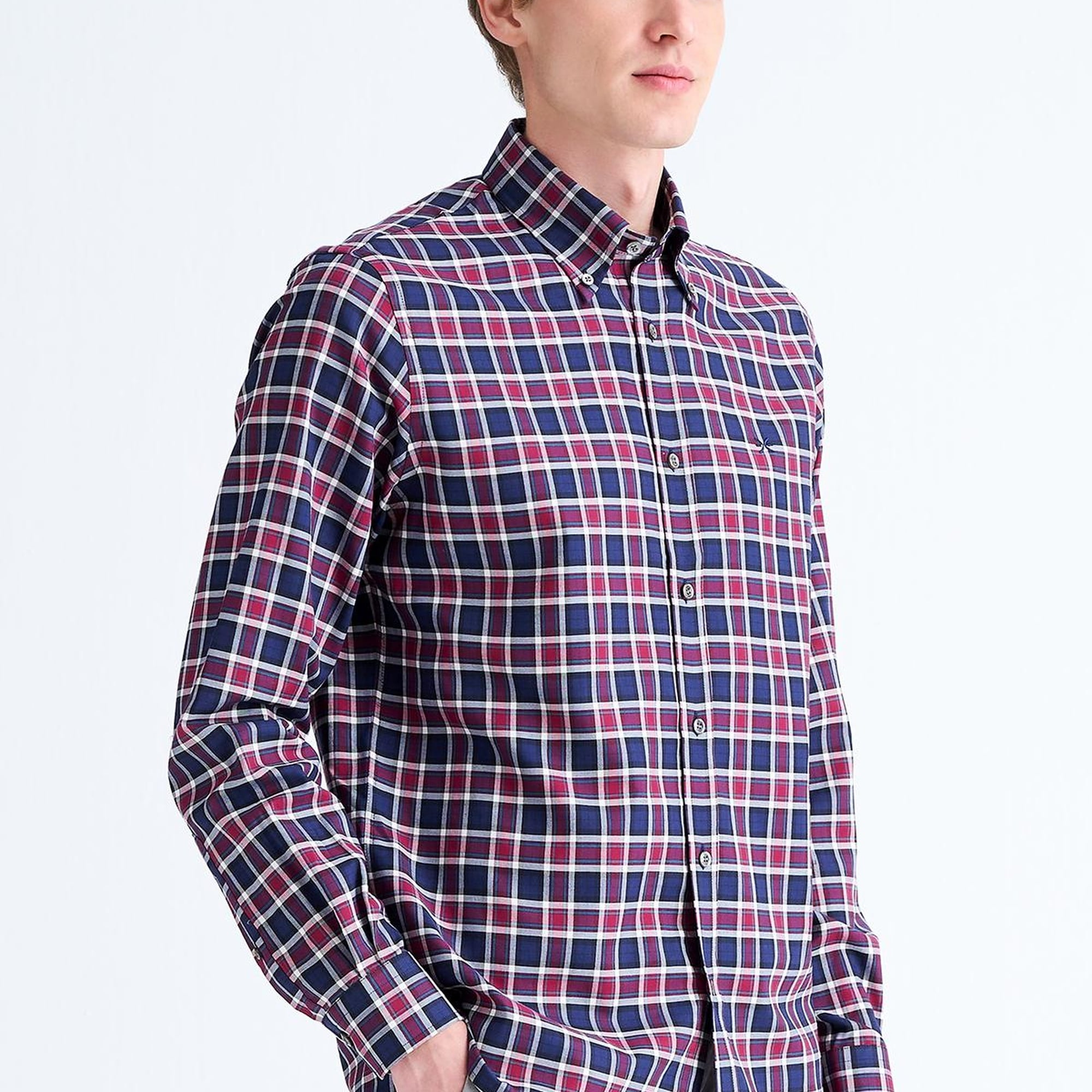 Erkek Bordo Cooper Fit Ekoseli Düğmeli Yaka Flanel Spor Gömlek