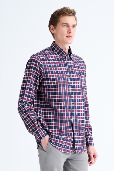  Erkek Bordo Cooper Fit Ekoseli Düğmeli Yaka Flanel Spor Gömlek