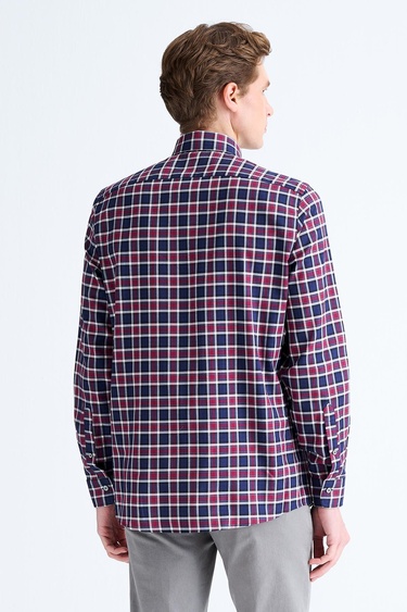  Erkek Bordo Cooper Fit Ekoseli Düğmeli Yaka Flanel Spor Gömlek