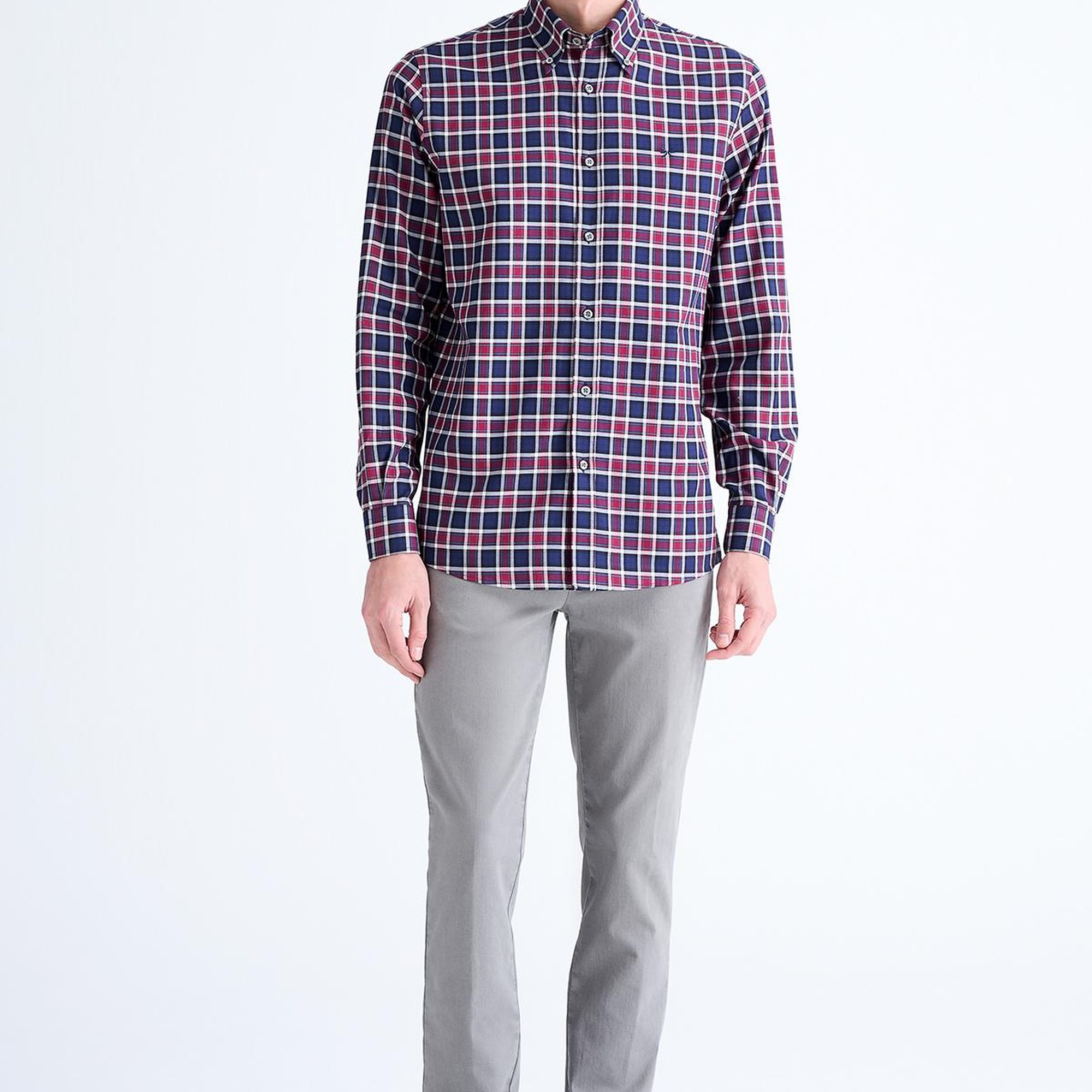 Erkek Bordo Cooper Fit Ekoseli Düğmeli Yaka Flanel Spor Gömlek