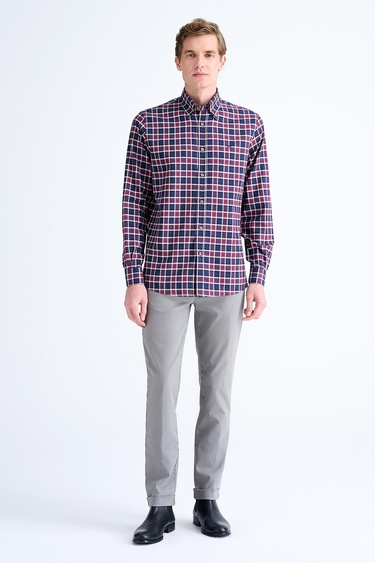  Erkek Bordo Cooper Fit Ekoseli Düğmeli Yaka Flanel Spor Gömlek