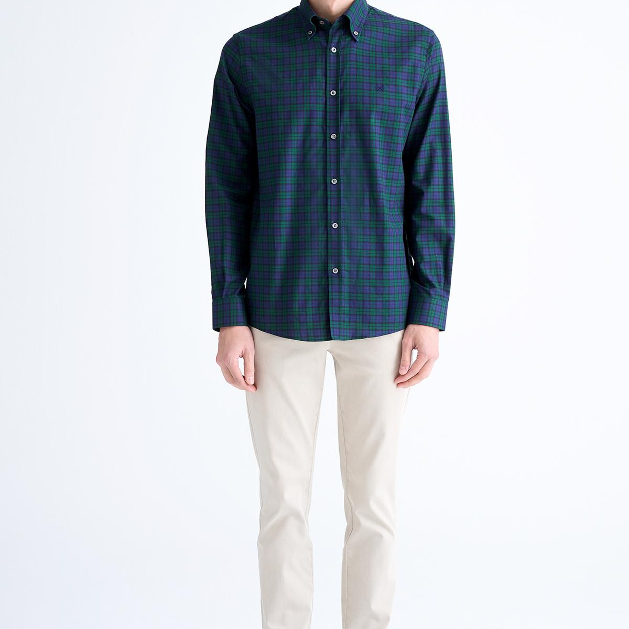 Erkek Yeşil Cooper Fit Ekoseli Düğmeli Yaka Flanel Spor Gömlek