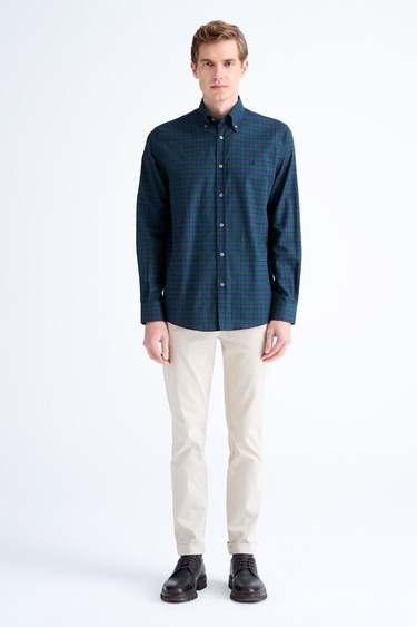  Erkek Yeşil Cooper Fit Ekoseli Düğmeli Yaka Flanel Spor Gömlek