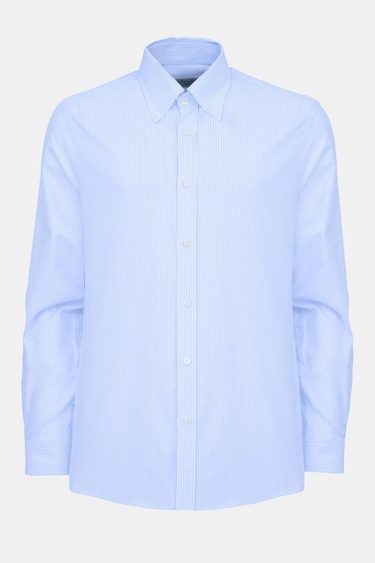  Erkek Mavi Cooper Fit Çizgili Düğmeli Yaka Oxford Spor Gömlek