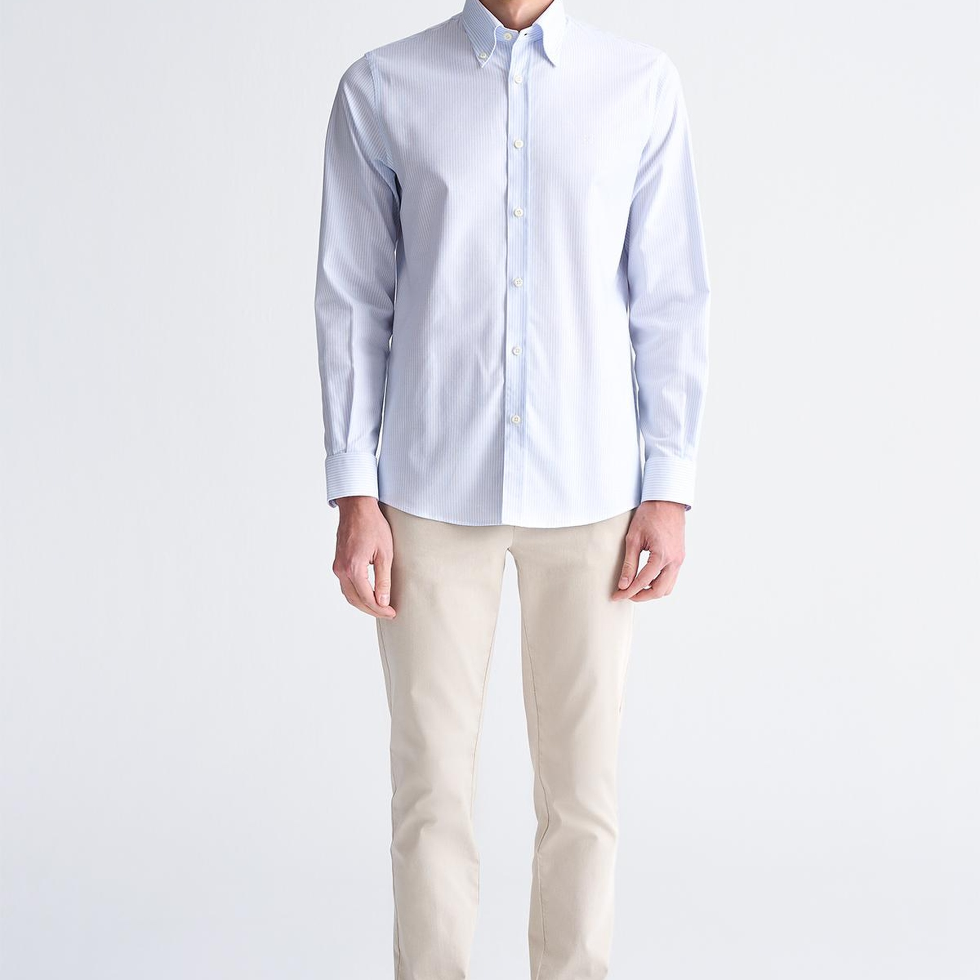 Erkek Mavi Cooper Fit Çizgili Düğmeli Yaka Oxford Spor Gömlek