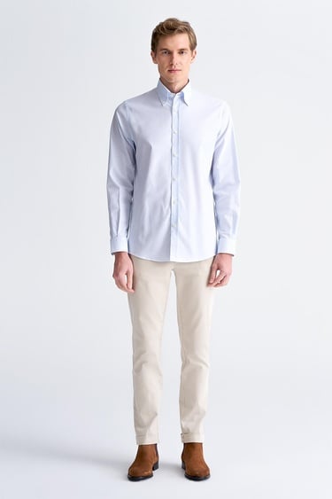  Erkek Mavi Cooper Fit Çizgili Düğmeli Yaka Oxford Spor Gömlek