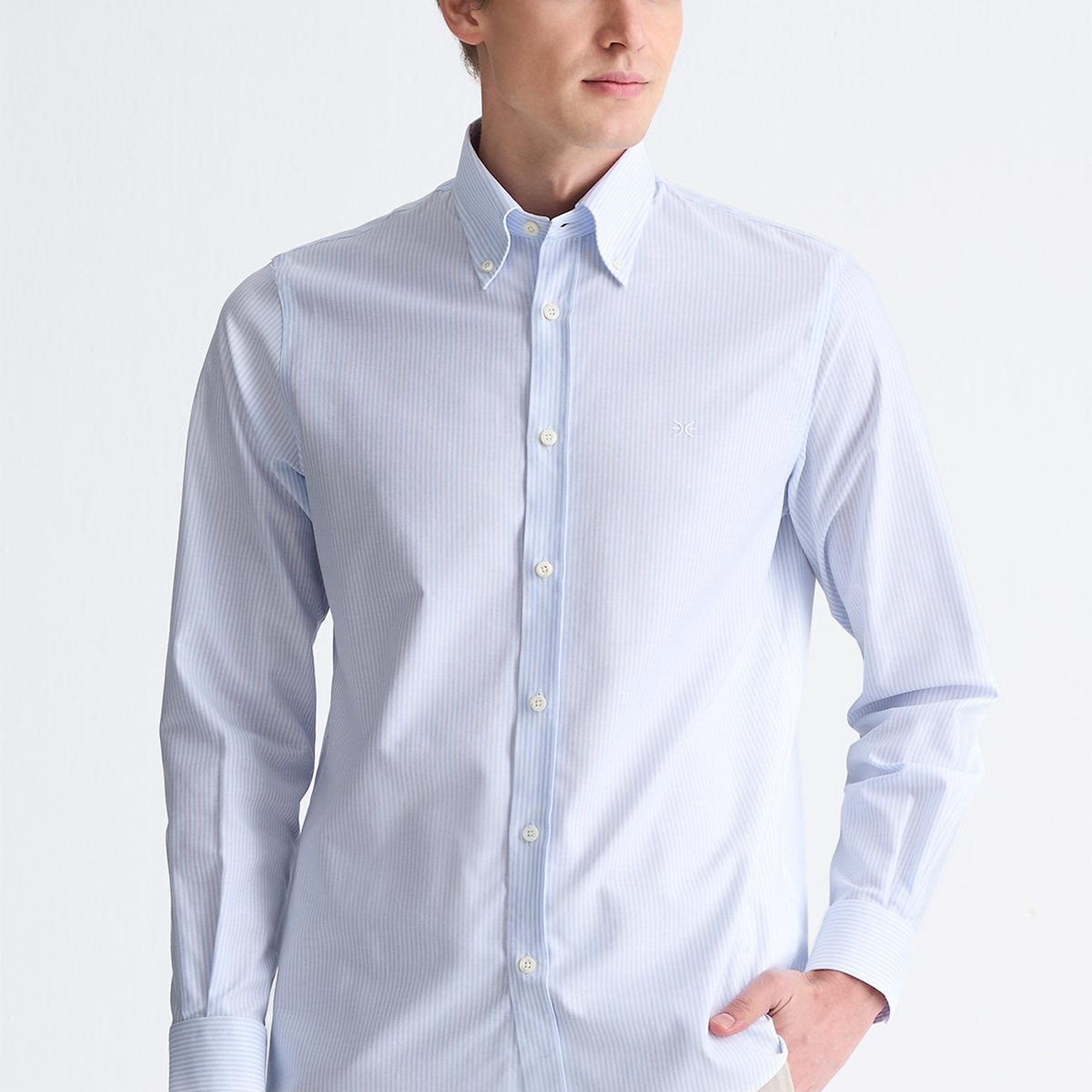 Erkek Mavi Cooper Fit Çizgili Düğmeli Yaka Oxford Spor Gömlek