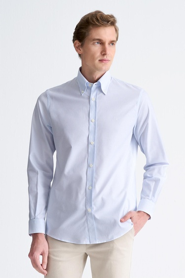  Erkek Mavi Cooper Fit Çizgili Düğmeli Yaka Oxford Spor Gömlek