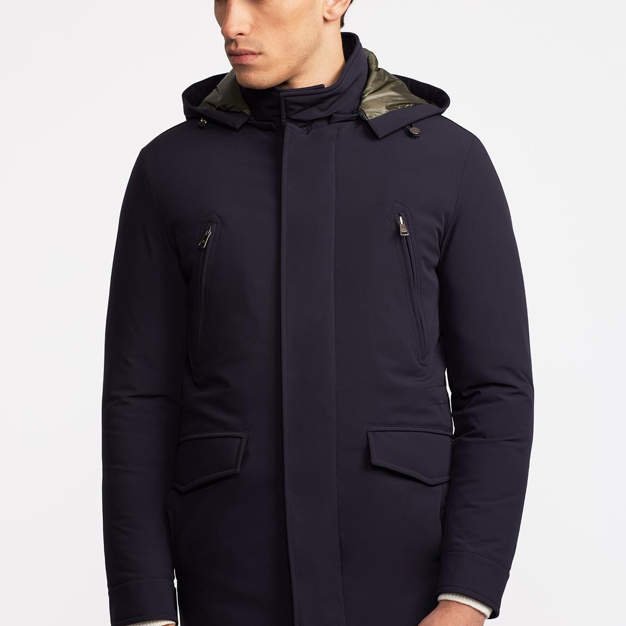 Erkek Lacivert Elyaf Dolgulu Kapüşonlu Kaban