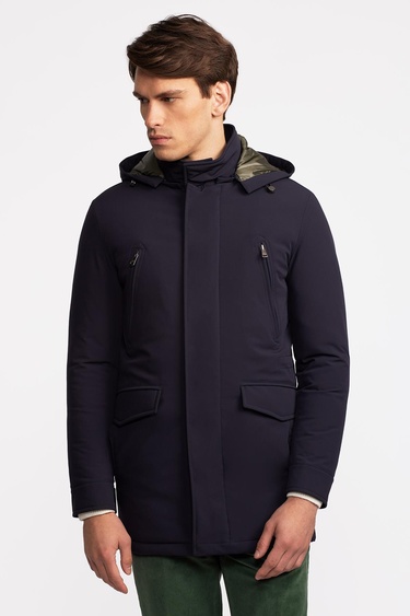  Erkek Lacivert Elyaf Dolgulu Kapüşonlu Kaban