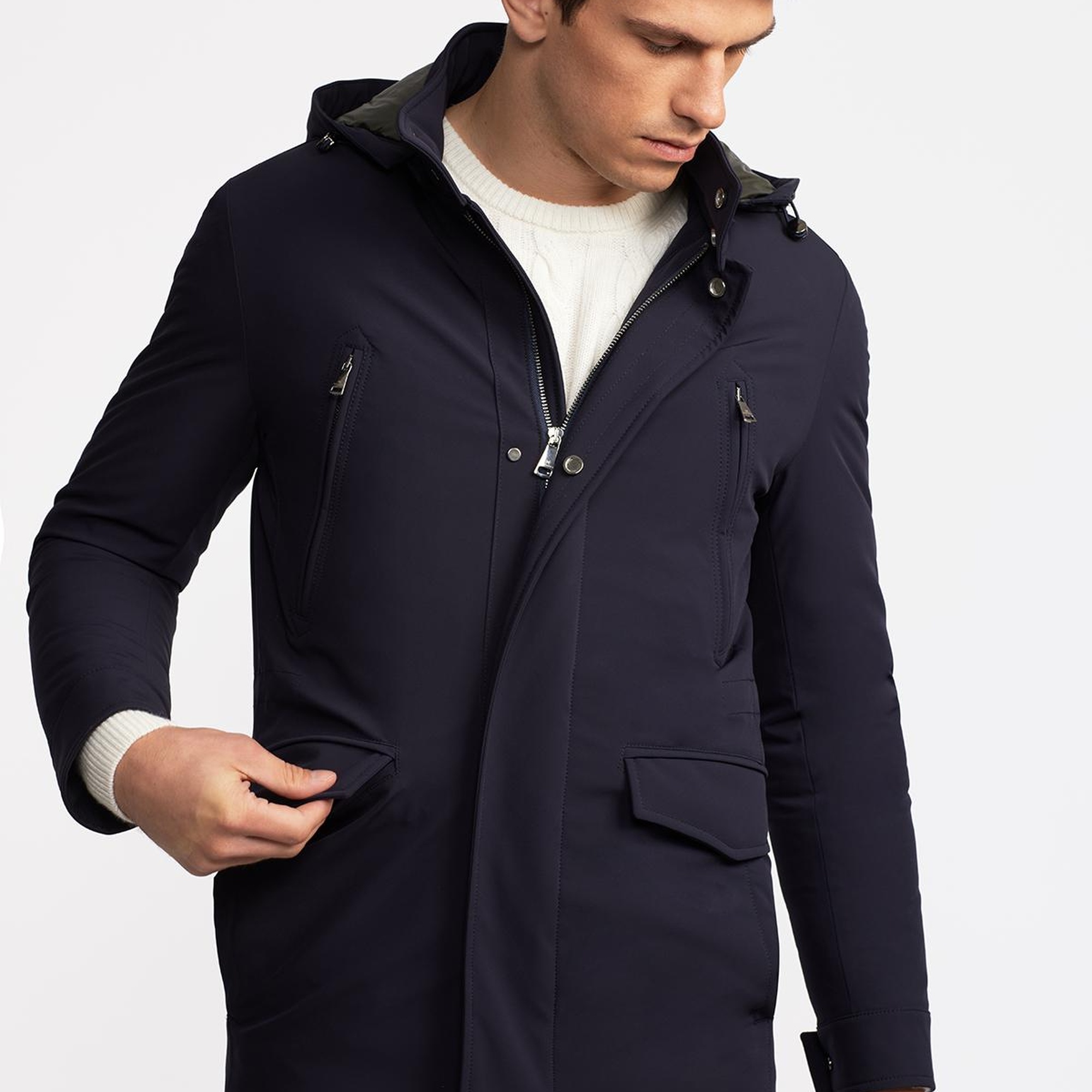 Erkek Lacivert Elyaf Dolgulu Kapüşonlu Kaban