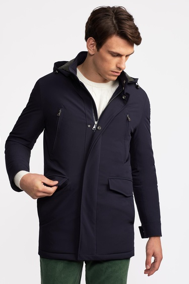  Erkek Lacivert Elyaf Dolgulu Kapüşonlu Kaban