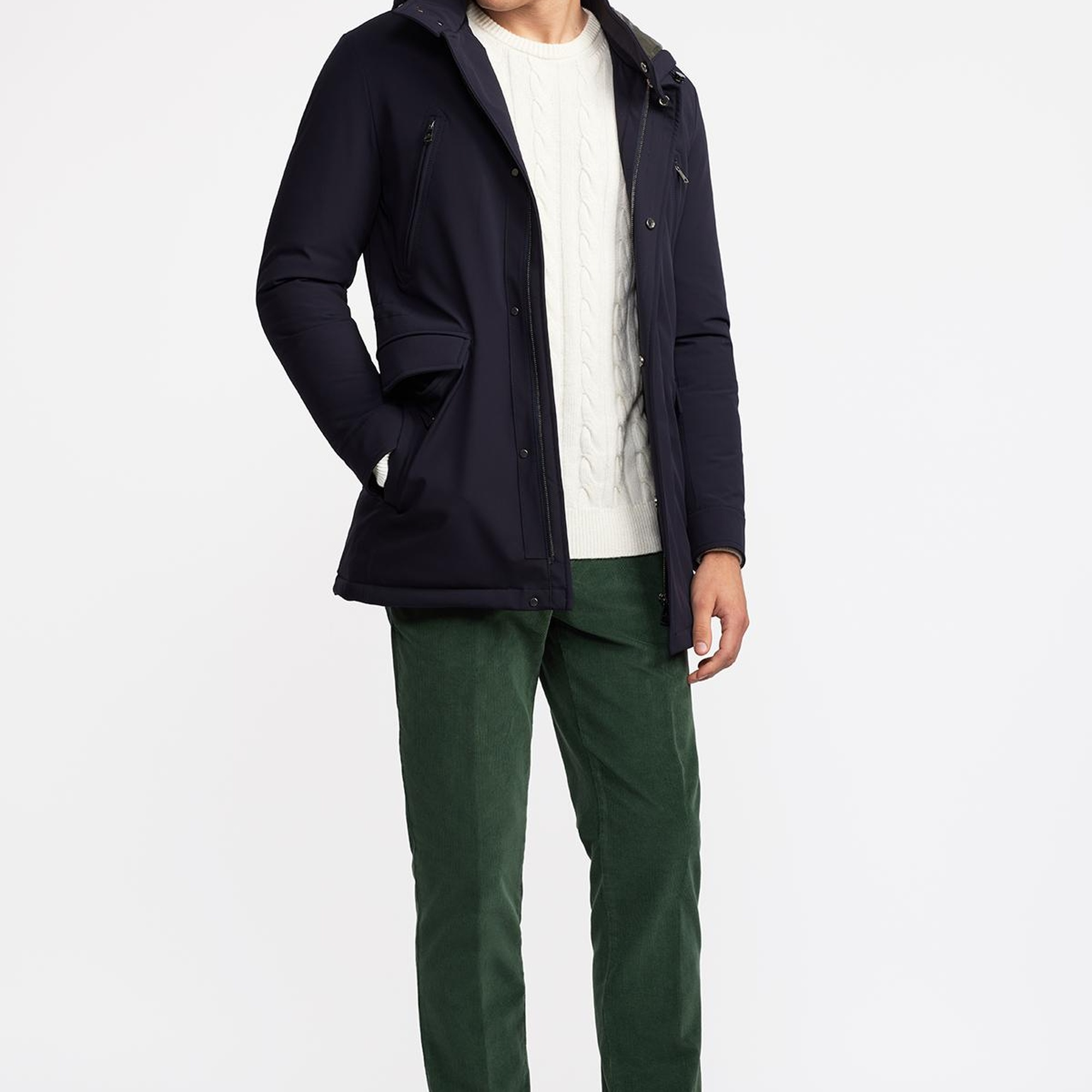 Erkek Lacivert Elyaf Dolgulu Kapüşonlu Kaban