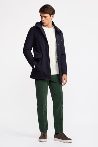  Erkek Lacivert Elyaf Dolgulu Kapüşonlu Kaban