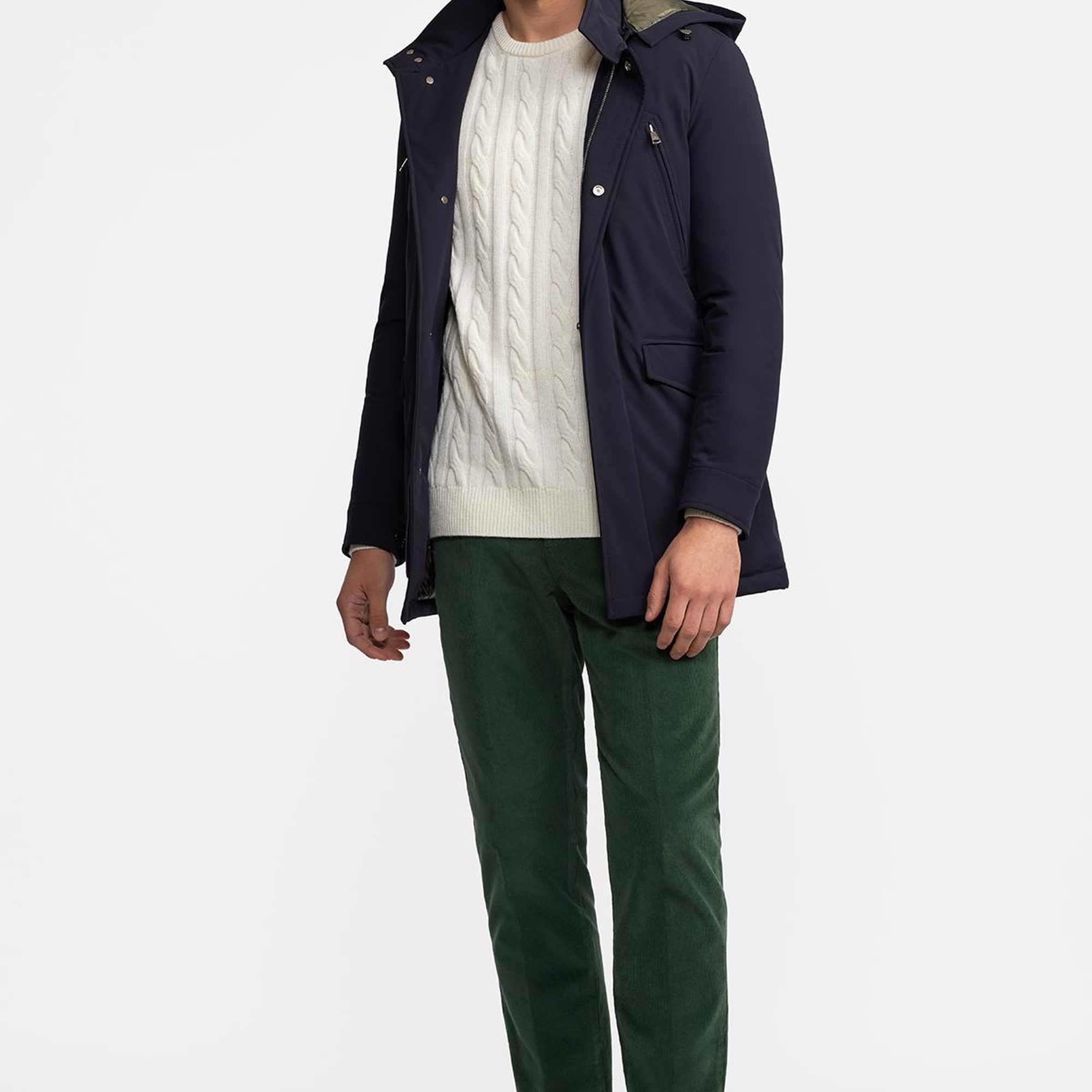 Erkek Lacivert Elyaf Dolgulu Kapüşonlu Kaban