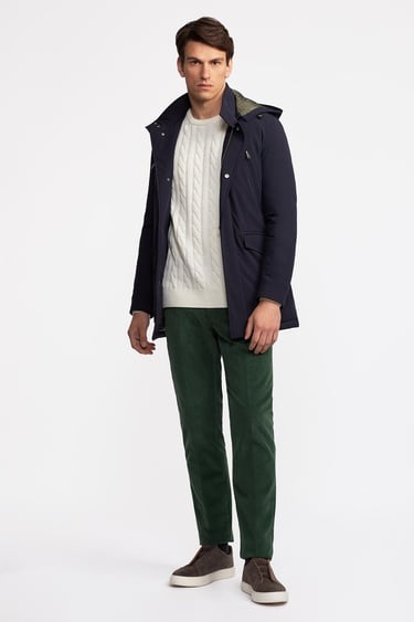  Erkek Lacivert Elyaf Dolgulu Kapüşonlu Kaban