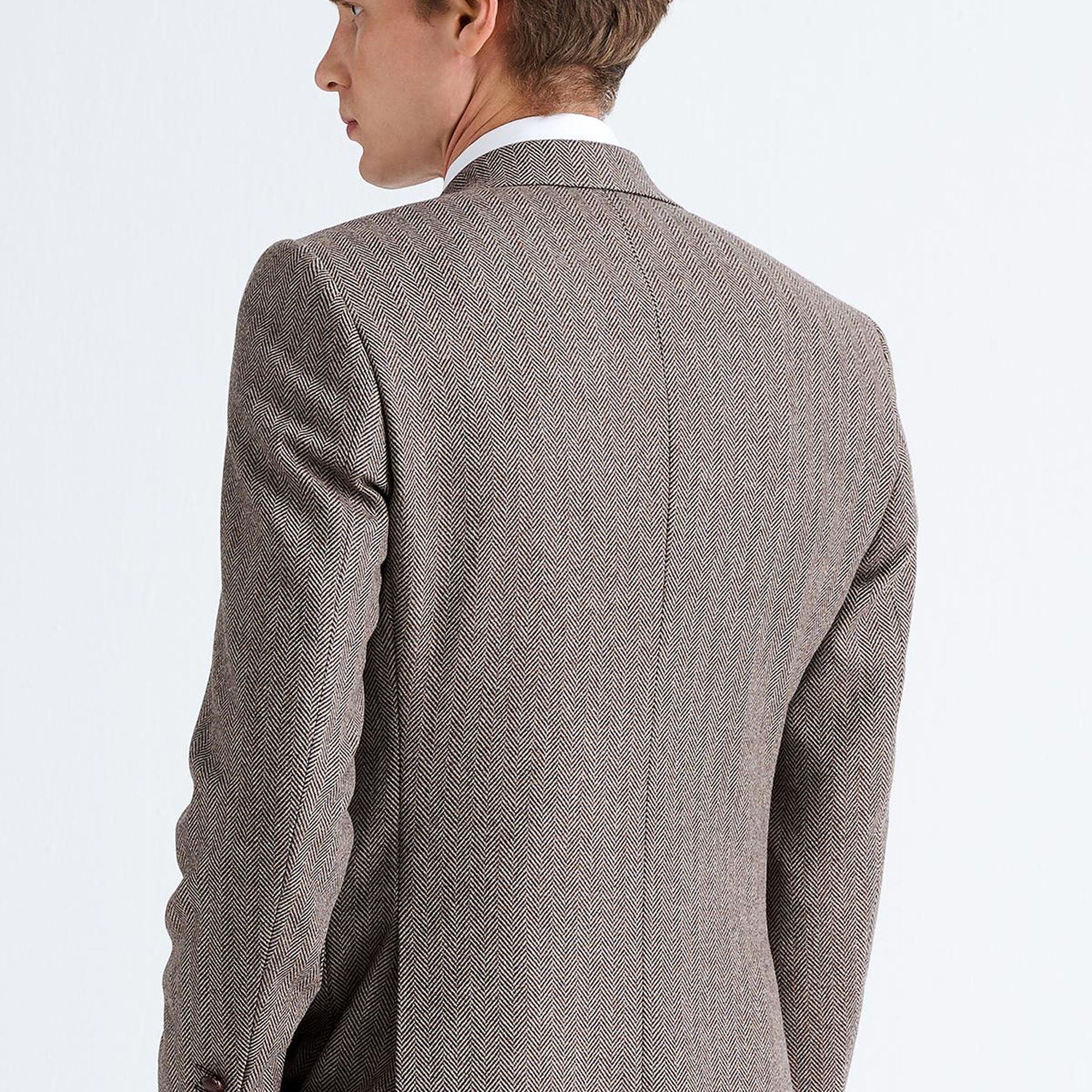 Erkek Kahverengi Delfino Balıksırtı Desenli Yün Kaşmir Karışımlı Ceket