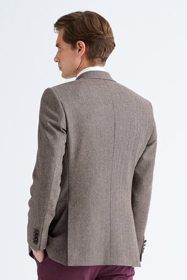  Erkek Kahverengi Delfino Balıksırtı Desenli Yün Kaşmir Karışımlı Ceket