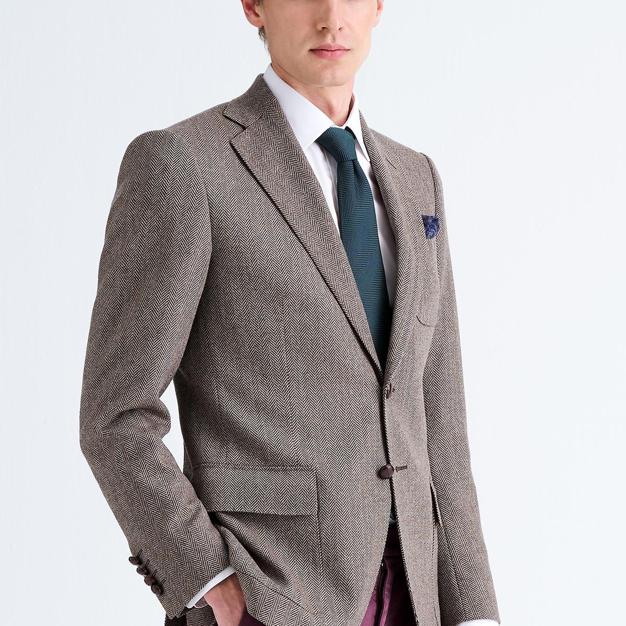 Erkek Kahverengi Delfino Balıksırtı Desenli Yün Kaşmir Karışımlı Ceket