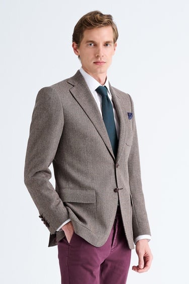  Erkek Kahverengi Delfino Balıksırtı Desenli Yün Kaşmir Karışımlı Ceket