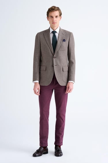  Erkek Kahverengi Delfino Balıksırtı Desenli Yün Kaşmir Karışımlı Ceket